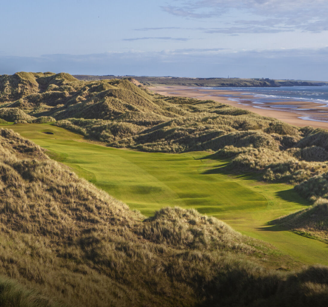 Ariel view of the Trump Golf Course next to the beach and North Sea